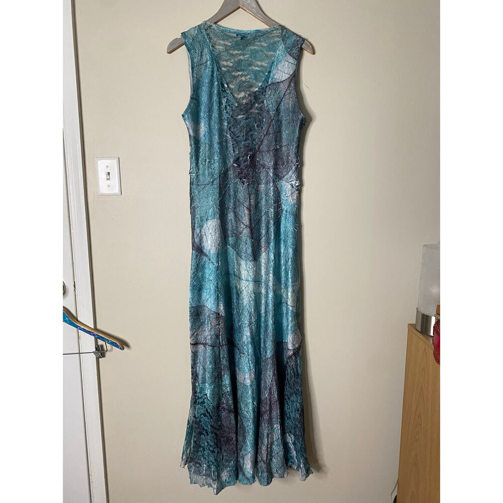 KOMAROV Crinkly Blue Green Leaf Print Lace Panel V-Neck Maxi Dress Size XL - Picture 7 of 8